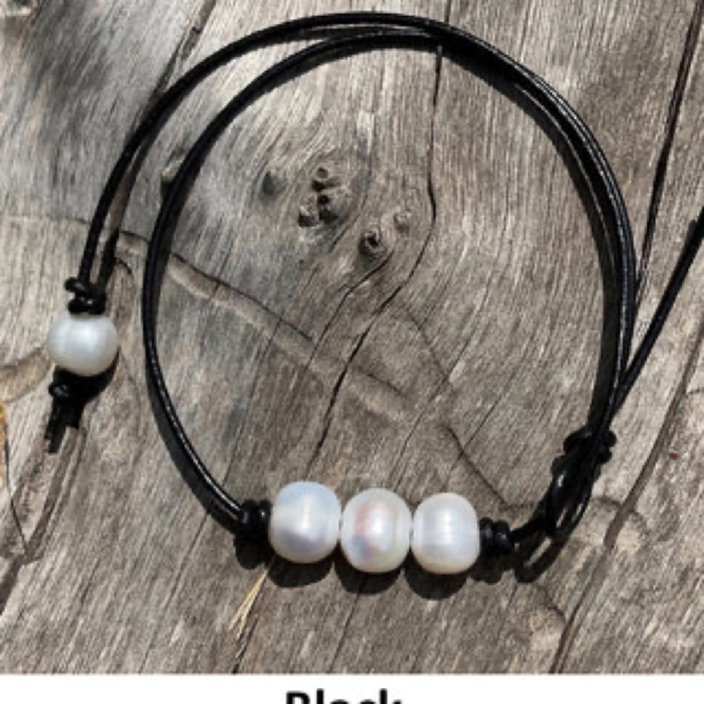 Triple White Pearl Leather Necklace, #1 Black Leather